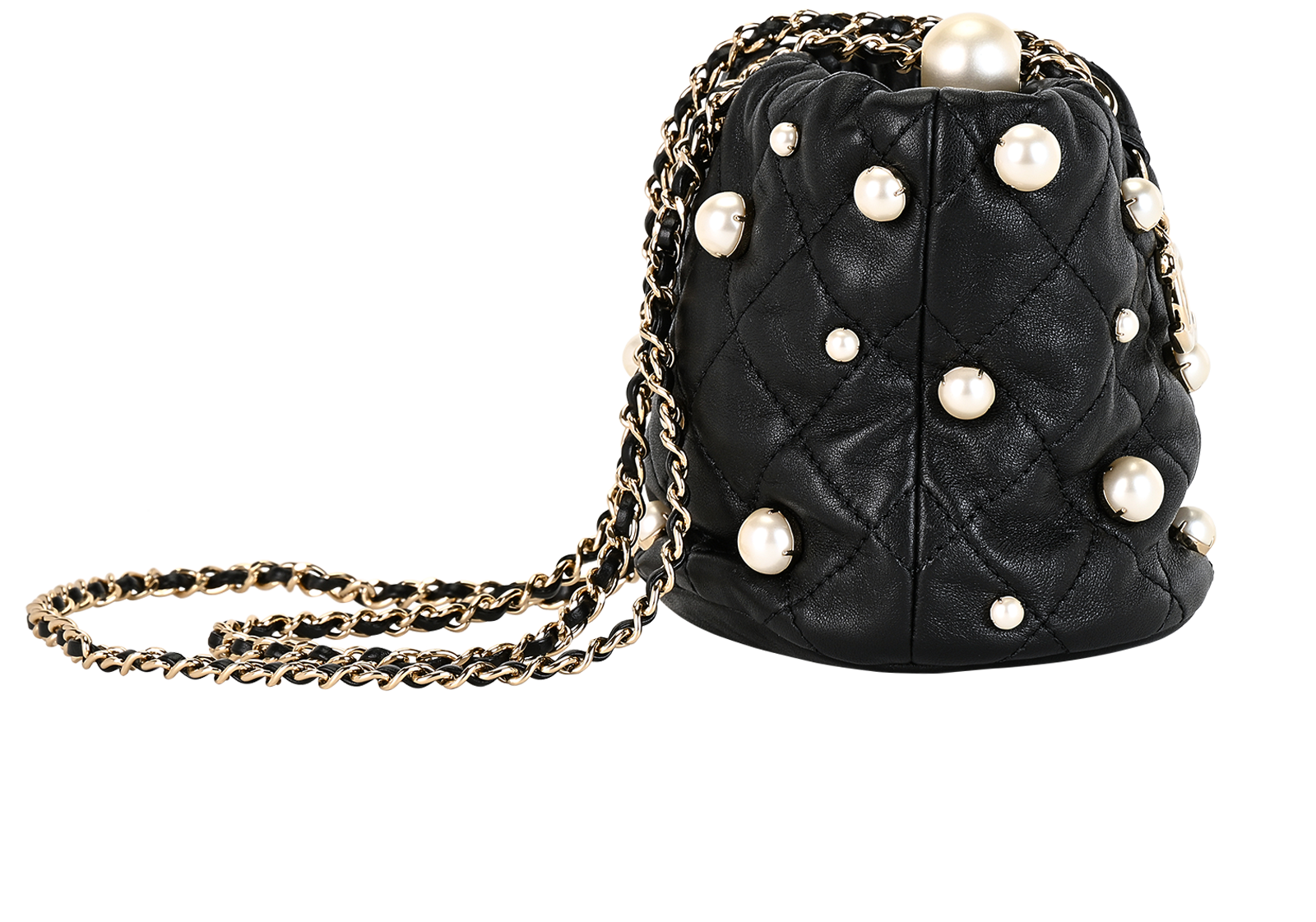 Mini Pearl Bucket Bag, &pound;1,950, Handbags, Black, Leather, Side view